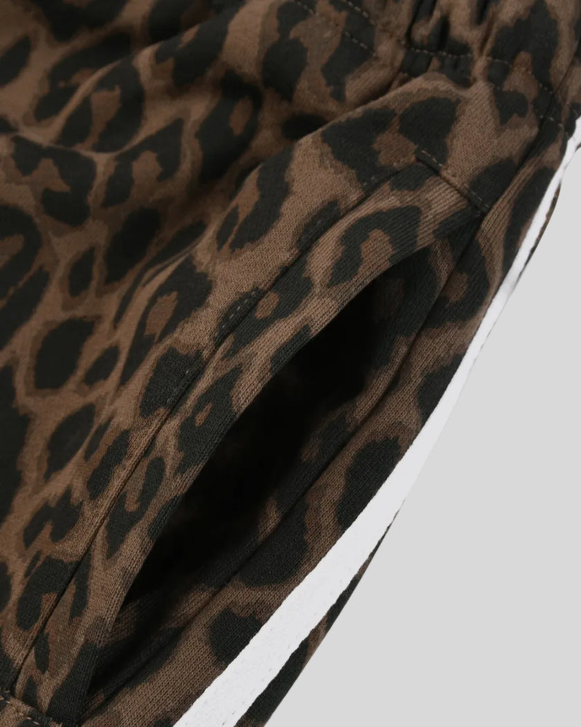 Closeup of functional side pocket and contrast white stripes on Leopard Accent Shorts