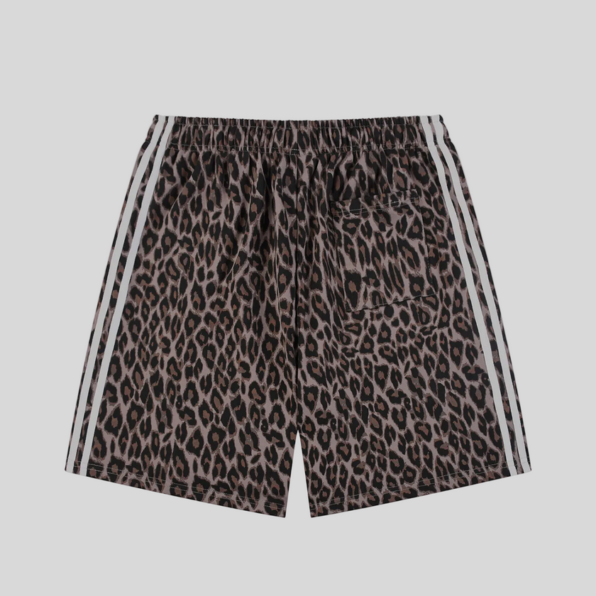 Leopard Accent Shorts in Leopard Light Taupe with contrast white side stripes back view