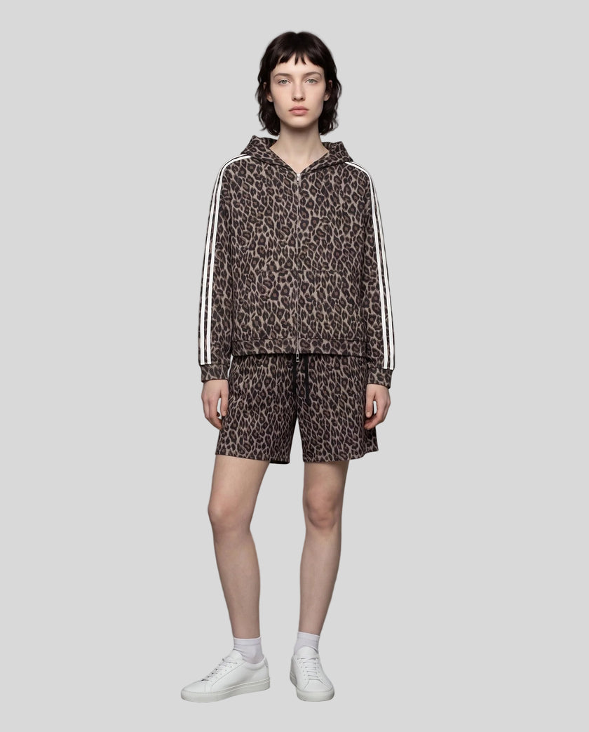 Full body front view of woman styled in Leopard Accent Shorts in Leopard Light Taupe