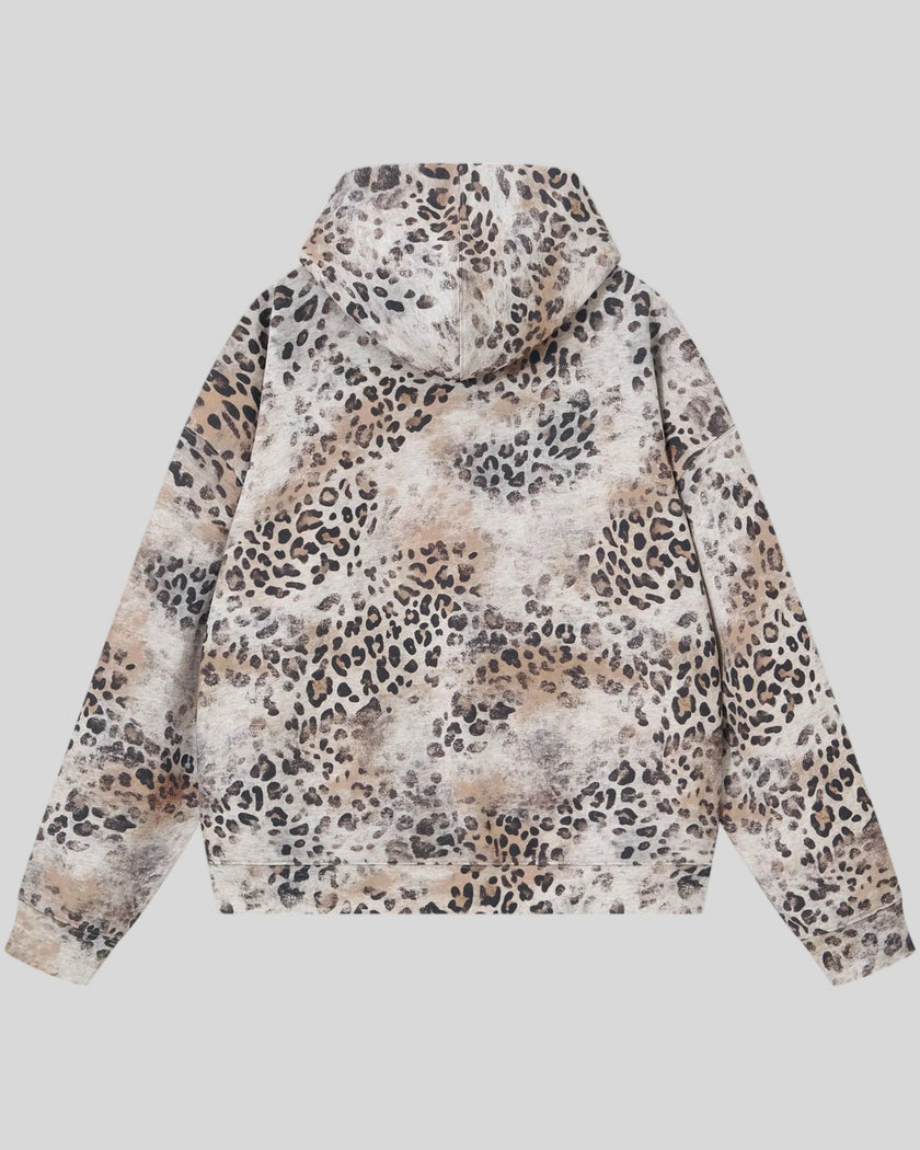 Leopard Vintage Accent Hoodie in Leopard Apricot with oversized hood back view