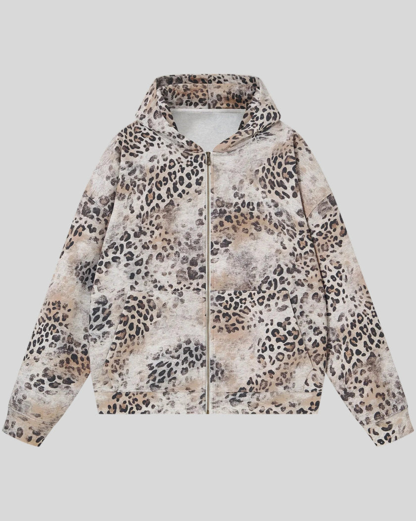 Leopard Vintage Accent Hoodie in Leopard Apricot with vintage wash front view