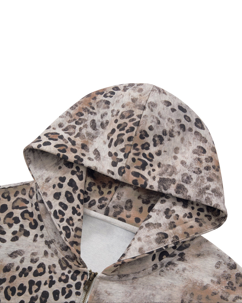 Closeup of hood and full-zip front on Leopard Vintage Accent Hoodie in Leopard Apricot