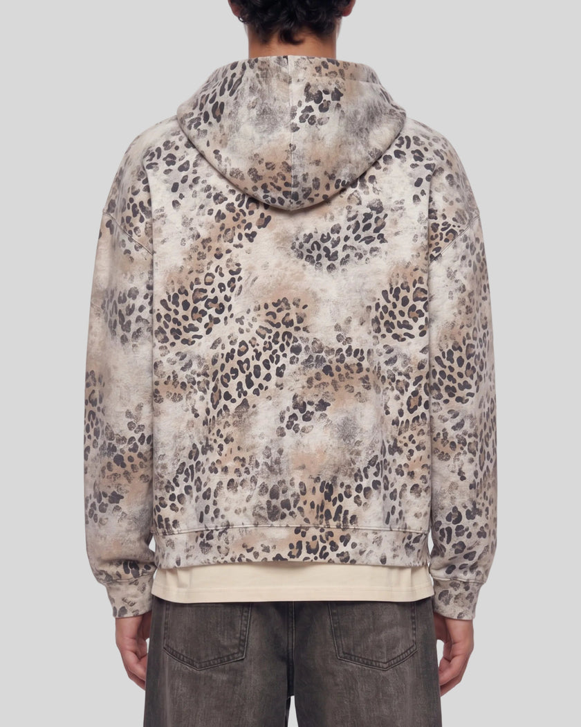 Upper body back view of man wearing Leopard Vintage Accent Hoodie with oversized hood in Leopard Dark Gray