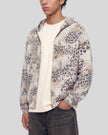 Upper body front view of man wearing Leopard Vintage Accent Hoodie open in Leopard Apricot