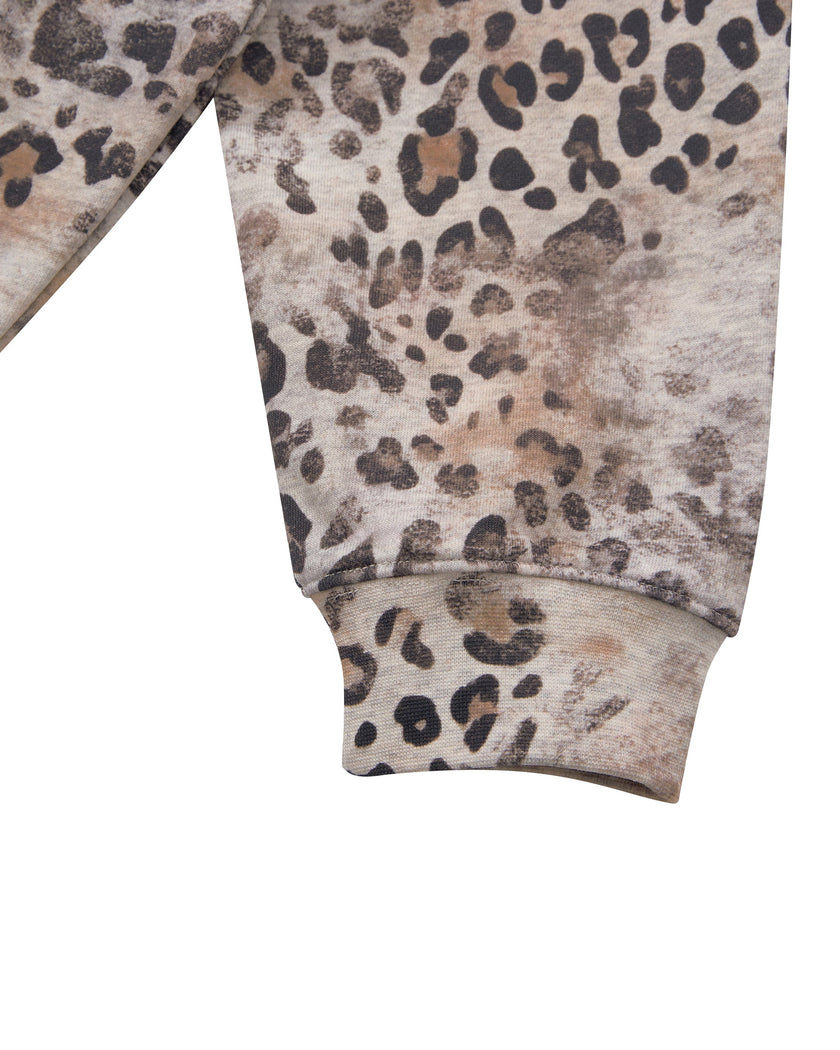 Closeup of long sleeve and ribbed cuff on Leopard Vintage Accent Hoodie in Leopard Apricot