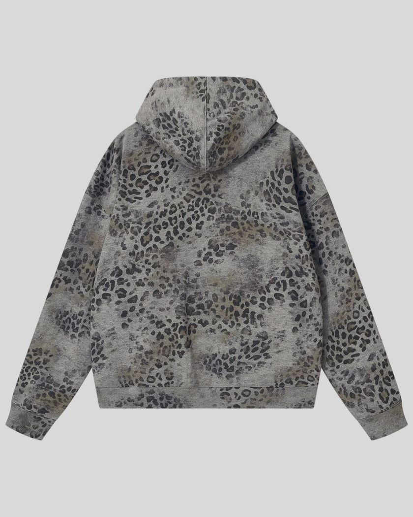 Leopard Vintage Accent Hoodie in Leopard Dark Gray with oversized hood back view