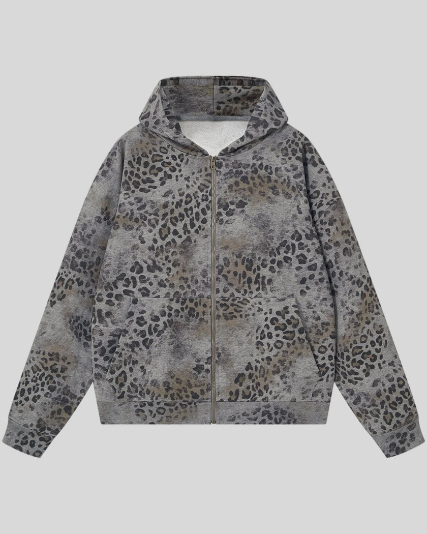 Leopard Vintage Accent Hoodie in Leopard Dark Gray with vintage wash front view