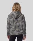 Upper body back view of woman wearing Leopard Vintage Accent Hoodie with oversized hood in Leopard Dark Gray