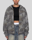 Upper body front view of woman wearing Leopard Vintage Accent Hoodie open in Leopard Dark Gray