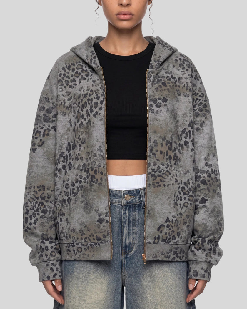 Upper body front view of woman wearing Leopard Vintage Accent Hoodie open in Leopard Dark Gray