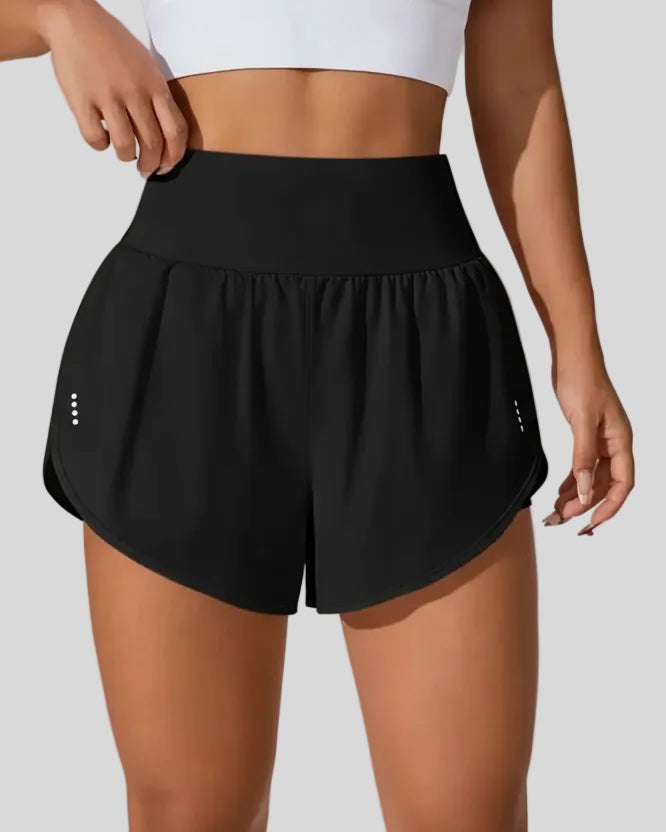 Front view of Athlesi LiftMove Pocket Active Shorts in black with high-rise waistband and relaxed outer layer