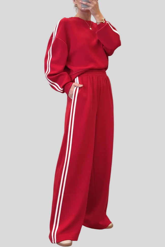 Deep rose two-piece lounge set with crewneck top and striped sweatpants, front full body view