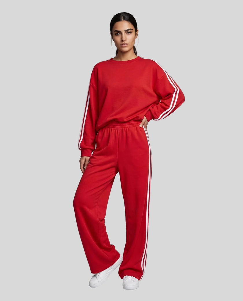 Front view of model wearing Athlesi LineFlow Crewneck Lounge Set in Deep Rose