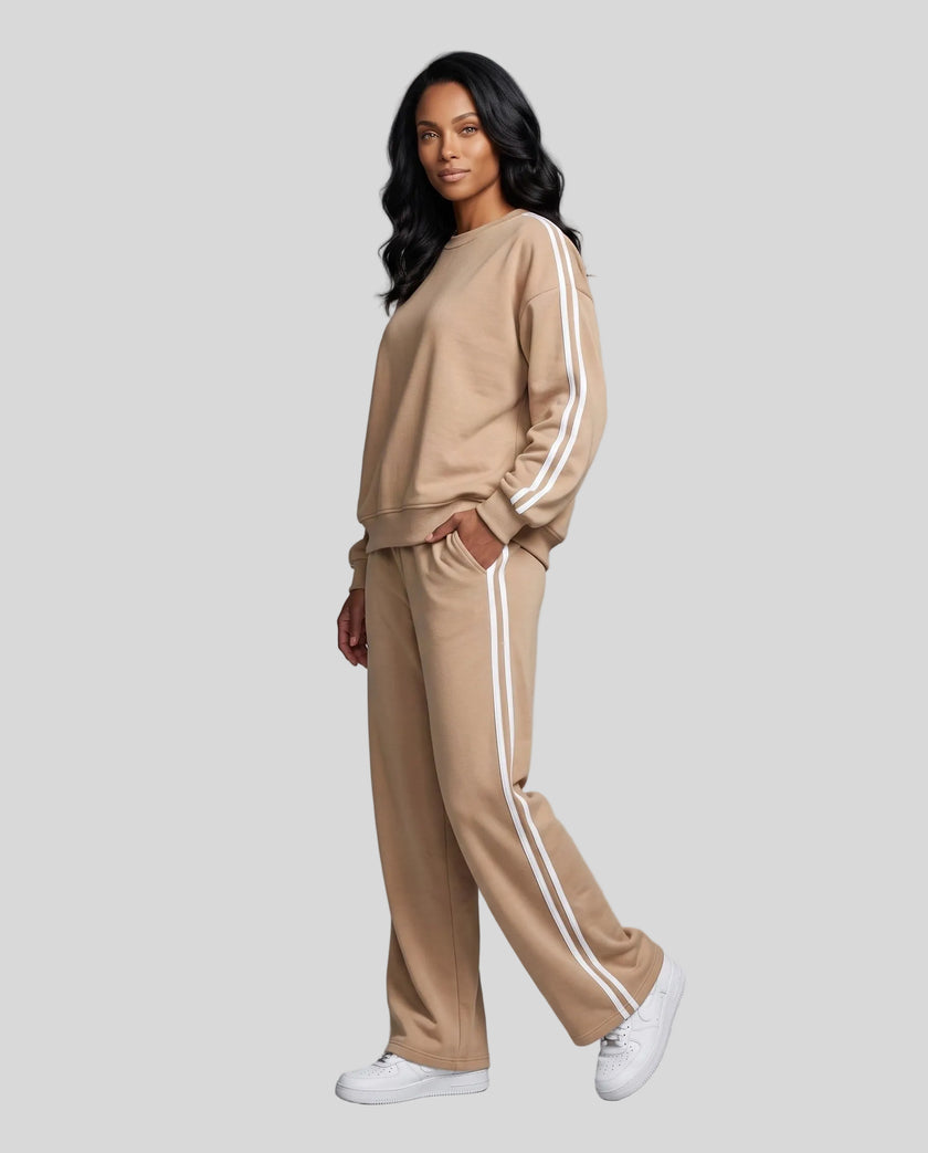 Front angle view of model wearing Athlesi LineFlow Crewneck Lounge Set in Khaki