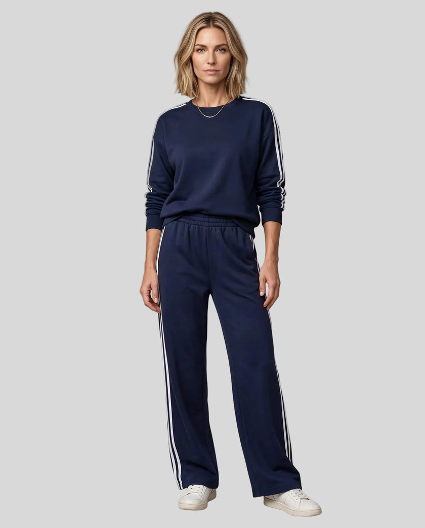 Front view of model wearing Athlesi LineFlow Crewneck Lounge Set in Navy