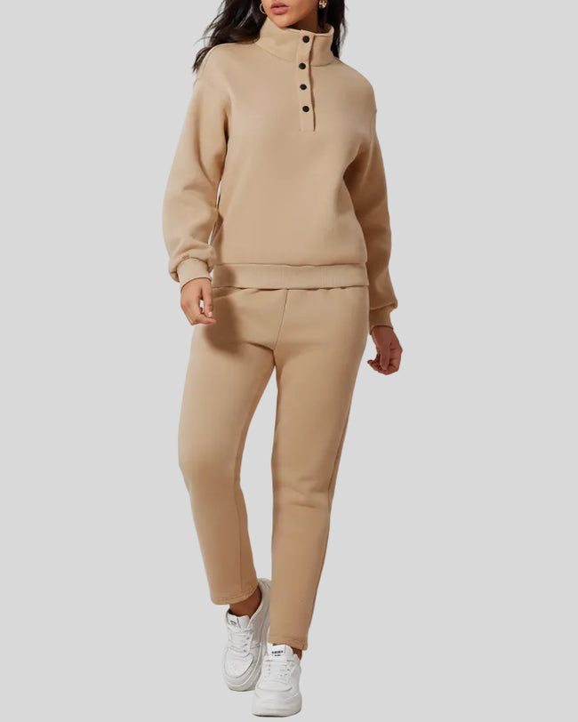 Close-up of snap-neck detail and fabric texture on LoungeForm lounge top