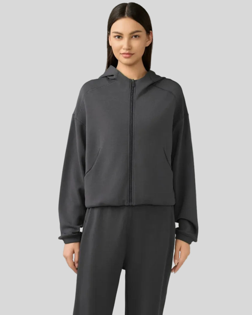 Dark gray zip-up hoodie with relaxed fit and dropped shoulders, front view.