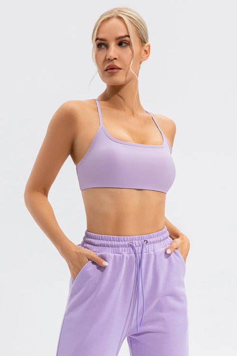 Seamless lilac sports bra featuring slim shoulder straps
