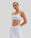 Seamless white sports bra featuring slim shoulder straps