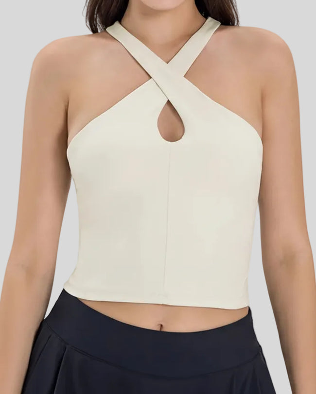 Athlesi LumaForm cross-neck active cami in cream, front view