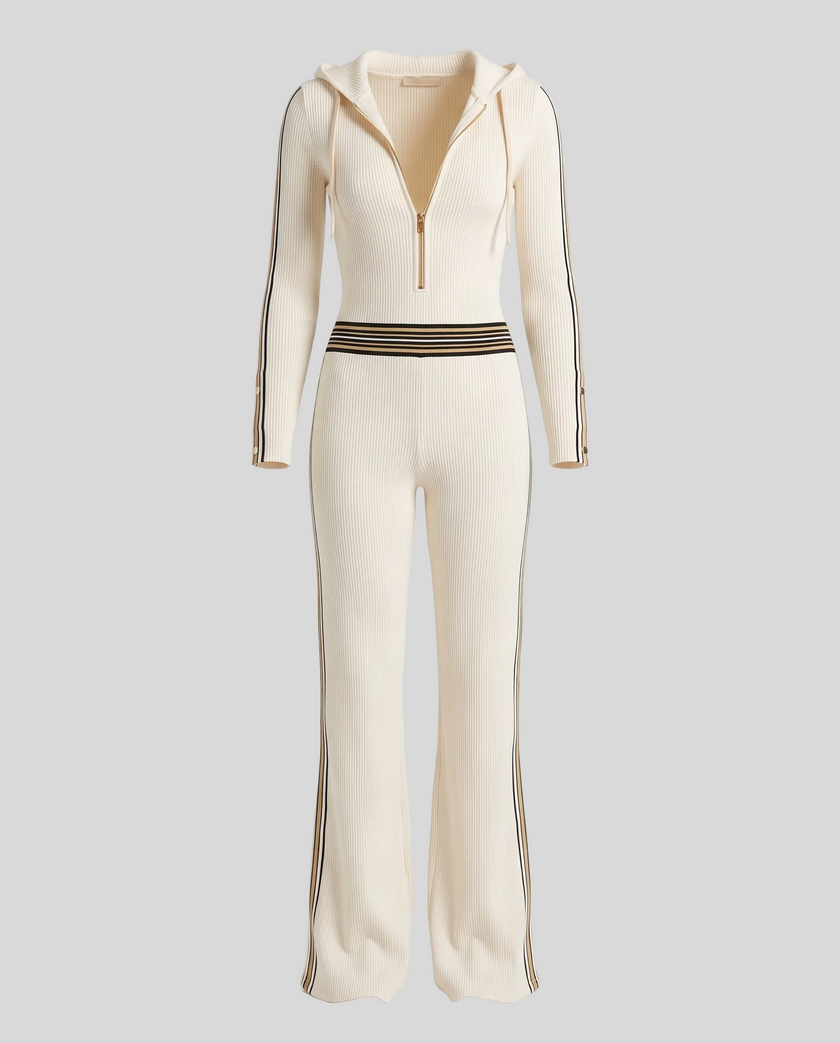 Front view of Monaco Hooded Jumpsuit in Milky White with zip neckline, contrast waist stripes and wide-leg silhouette