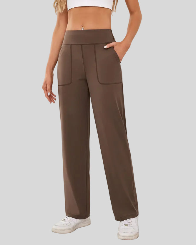 Angled front view of Athlesi MotionEase Relaxed active pant in brown