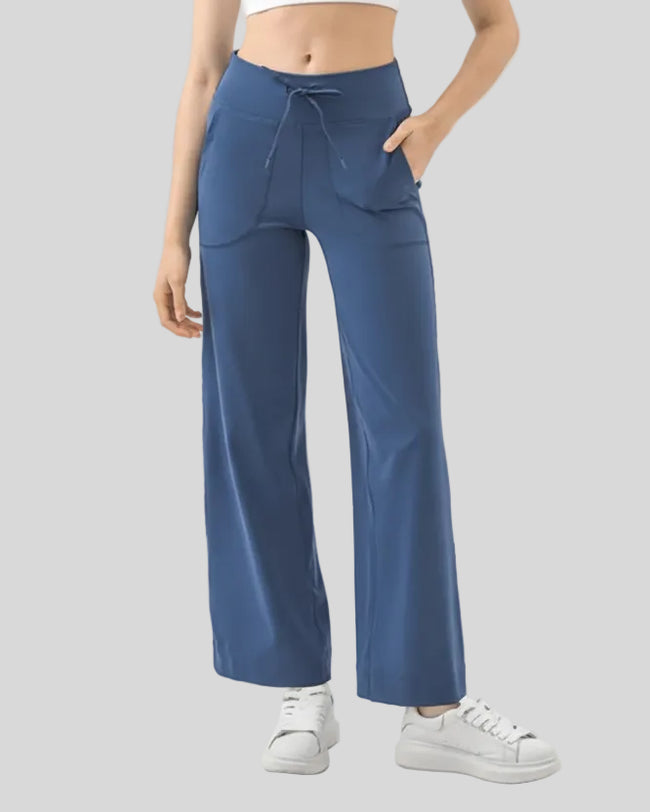 MotionEase Utility Active Pant in dusty blue, front view with drawstring waistband