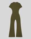 MotionFlow Flared Leg Jumpsuit in Army Green back view showcasing the sculpted silhouette and flared leg design
