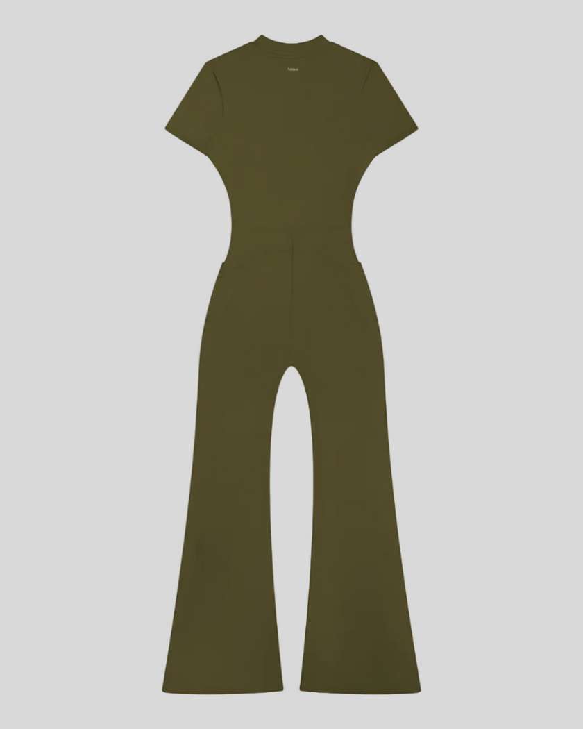 MotionFlow Flared Leg Jumpsuit in Army Green back view showcasing the sculpted silhouette and flared leg design