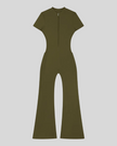 MotionFlow Flared Leg Jumpsuit in Army Green front view featuring a mock neck, quarter-zip front, and flared legs