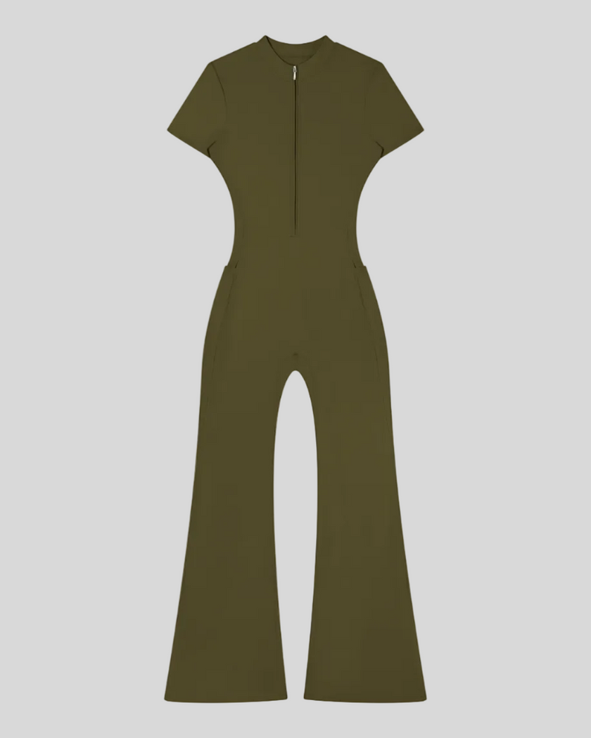 MotionFlow Flared Leg Jumpsuit in Army Green front view featuring a mock neck, quarter-zip front, and flared legs