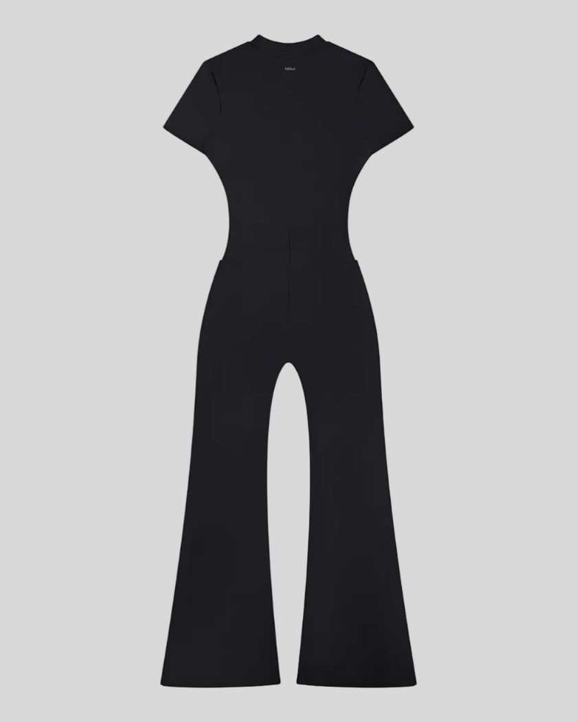 MotionFlow Flared Leg Jumpsuit in Black back view showcasing the sculpted silhouette and flared leg design