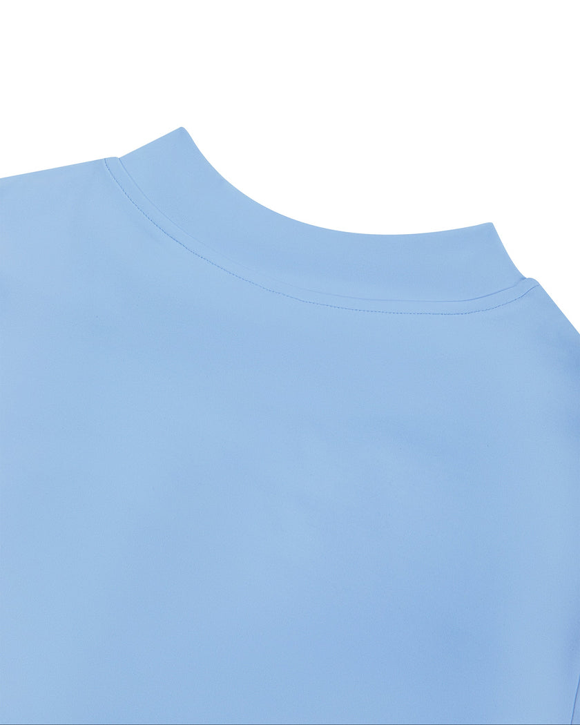 Close-up of the back mock neckline on the MotionFlow Flared Leg Jumpsuit in Blue
