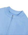 Close-up of the mock neckline and quarter-zip closure on the MotionFlow Flared Leg Jumpsuit in Blue