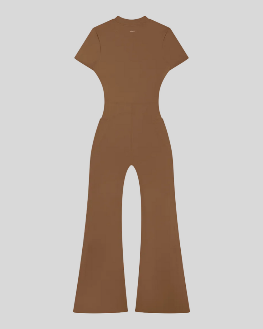 MotionFlow Flared Leg Jumpsuit in Brown back view showcasing the sculpted silhouette and flared leg design