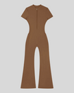 MotionFlow Flared Leg Jumpsuit in Brown front view featuring a mock neck, quarter-zip front, and flared legs
