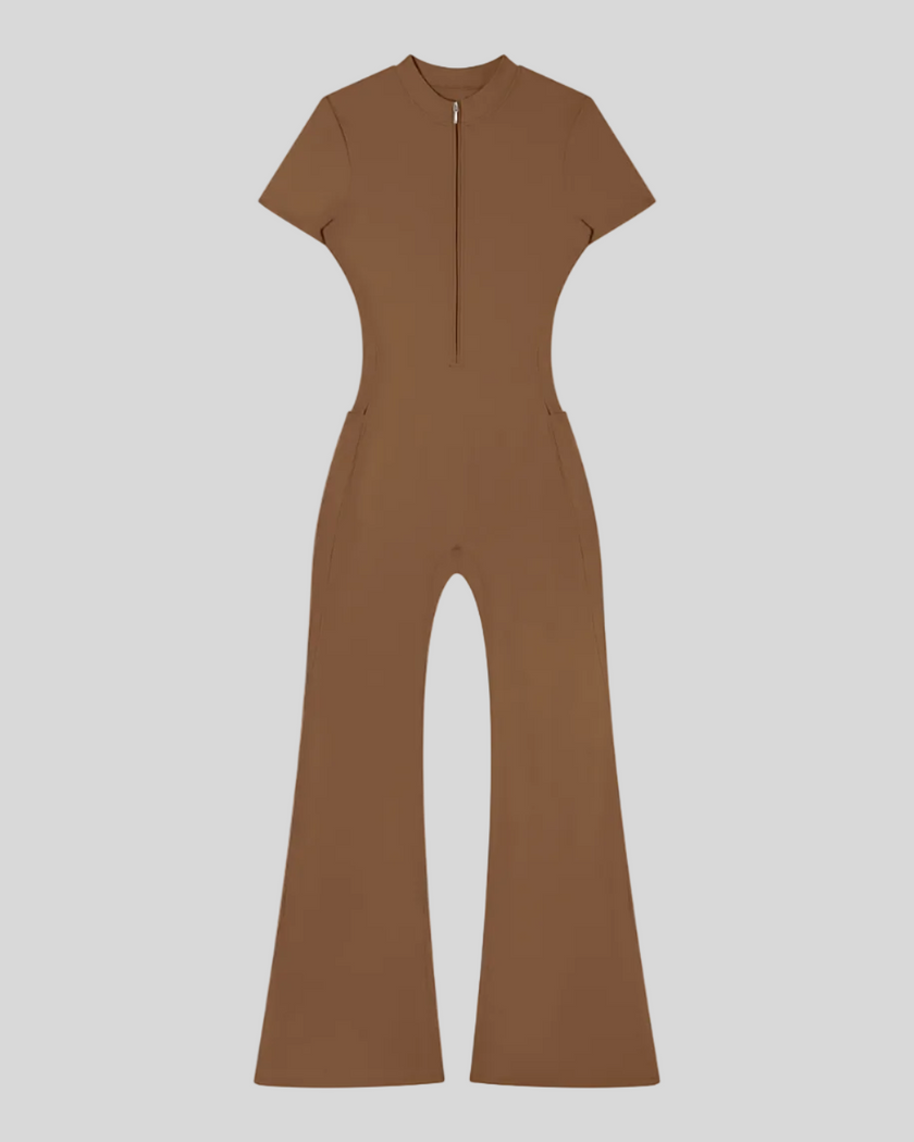 MotionFlow Flared Leg Jumpsuit in Brown front view featuring a mock neck, quarter-zip front, and flared legs