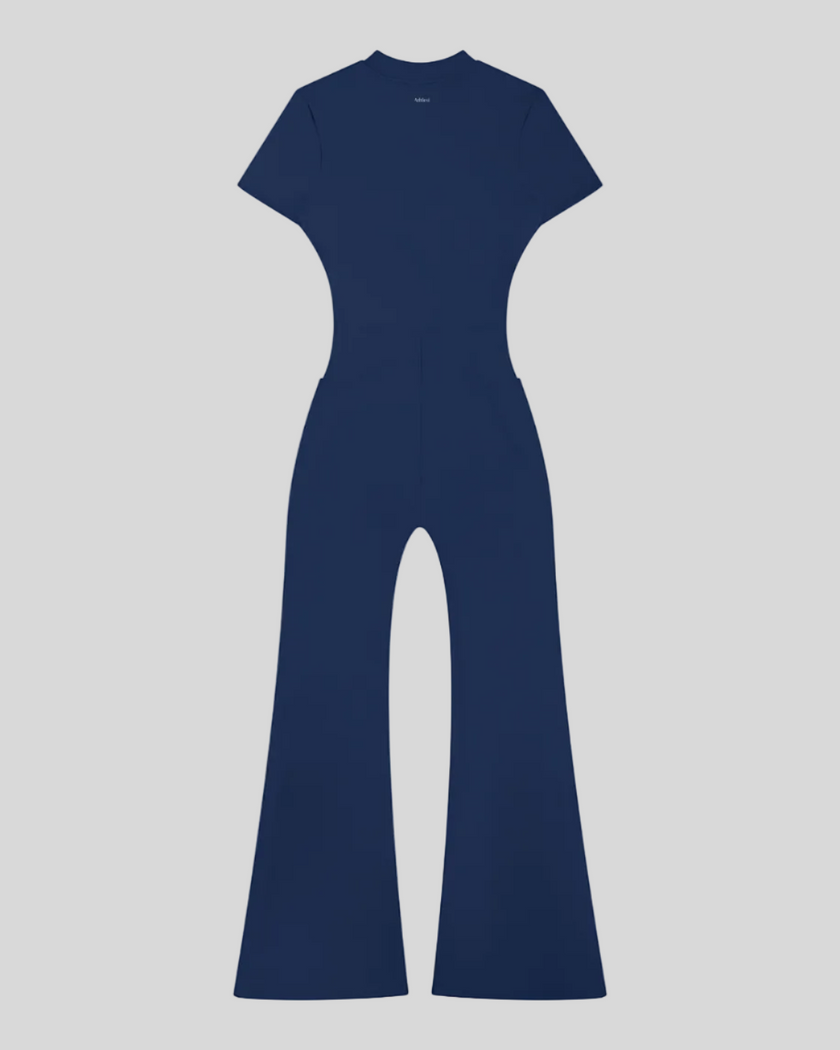 MotionFlow Flared Leg Jumpsuit in Royal Blue back view showcasing the sculpted silhouette and flared leg design