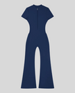 MotionFlow Flared Leg Jumpsuit in Royal Blue front view featuring a mock neck, quarter-zip front, and flared legs