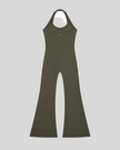 MotionFlow Halter Jumpsuit in Army Green back view showcasing the open-back halter design and flared legs