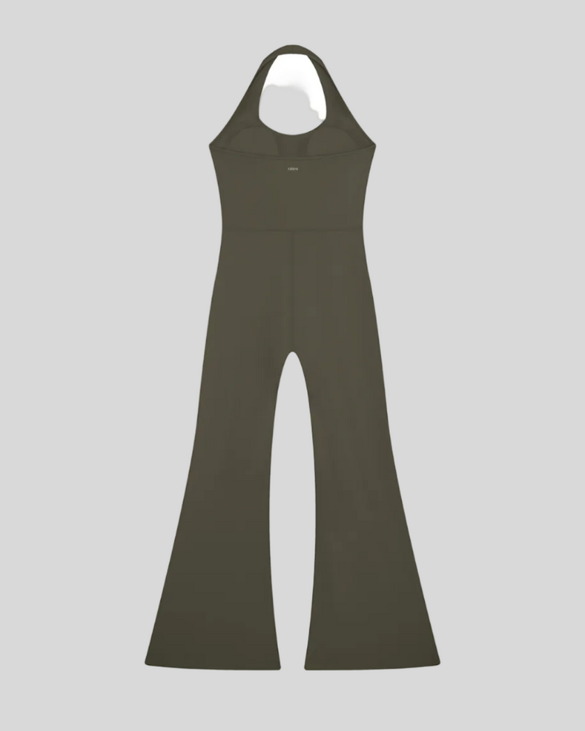 MotionFlow Halter Jumpsuit in Army Green back view showcasing the open-back halter design and flared legs