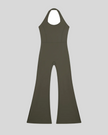 MotionFlow Halter Jumpsuit in Army Green front view featuring a halter neckline and flared-leg silhouette