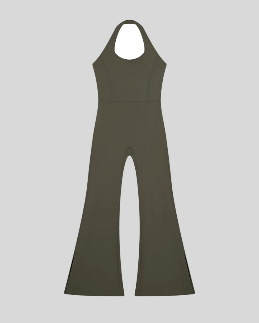 MotionFlow Halter Jumpsuit in Army Green front view featuring a halter neckline and flared-leg silhouette