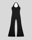 MotionFlow Halter Jumpsuit in Black front view featuring a halter neckline and flared-leg silhouette