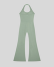 MotionFlow Halter Jumpsuit in Gray Green back view showcasing the open-back halter design and flared legs