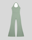 MotionFlow Halter Jumpsuit in Gray Green front view featuring a halter neckline and flared-leg silhouette
