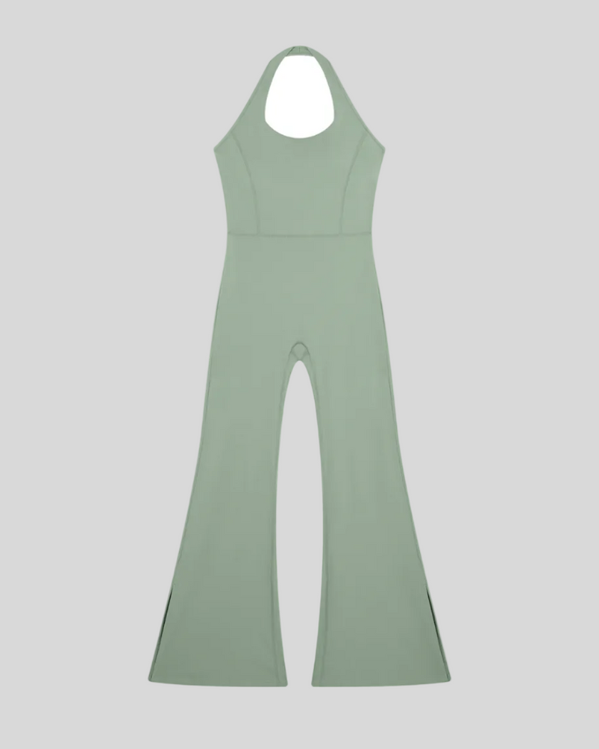 MotionFlow Halter Jumpsuit in Gray Green front view featuring a halter neckline and flared-leg silhouette