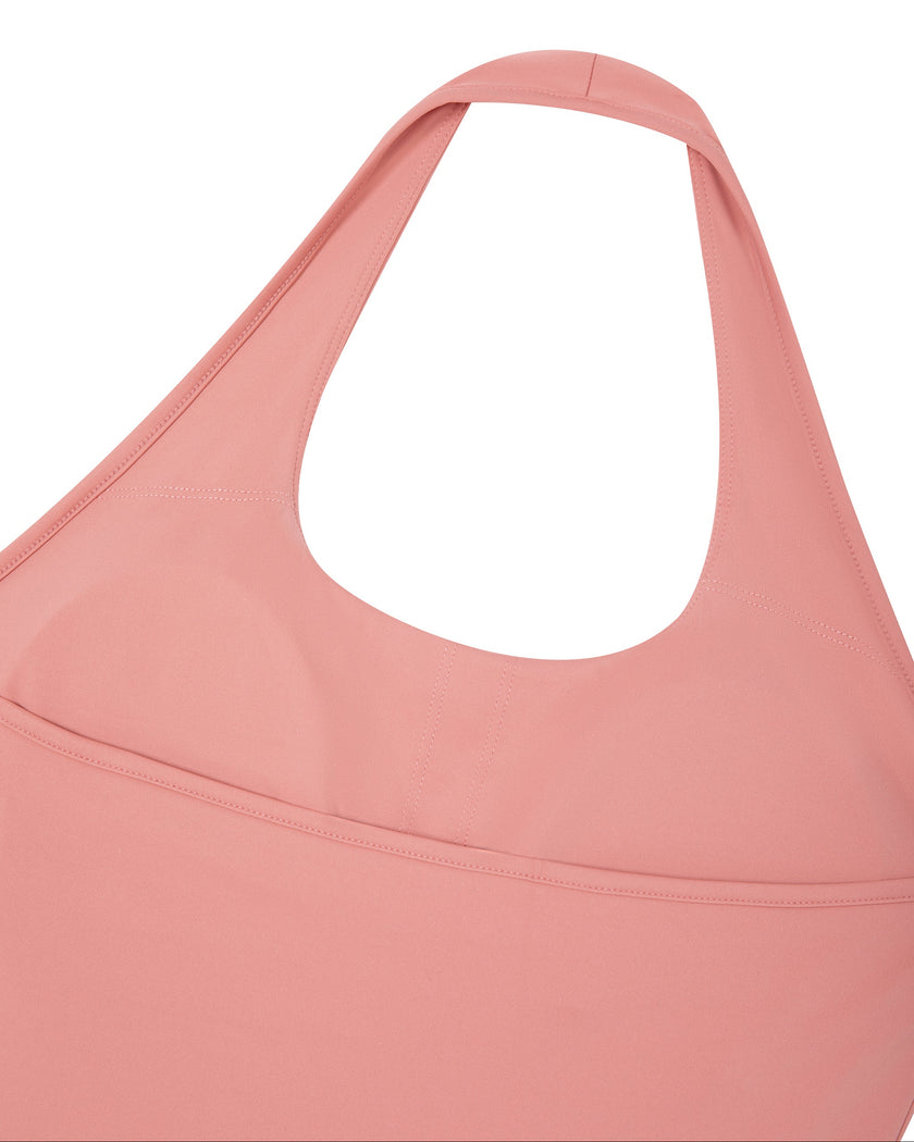 Close-up of the back halter neckline on the MotionFlow Halter Jumpsuit in Pink