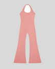 MotionFlow Halter Jumpsuit in Pink back view showcasing the open-back halter design and flared legs