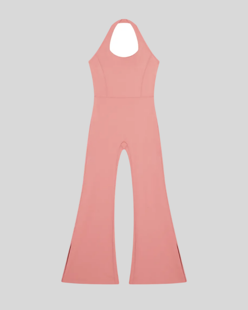 MotionFlow Halter Jumpsuit in Pink front view featuring a halter neckline and flared-leg silhouette